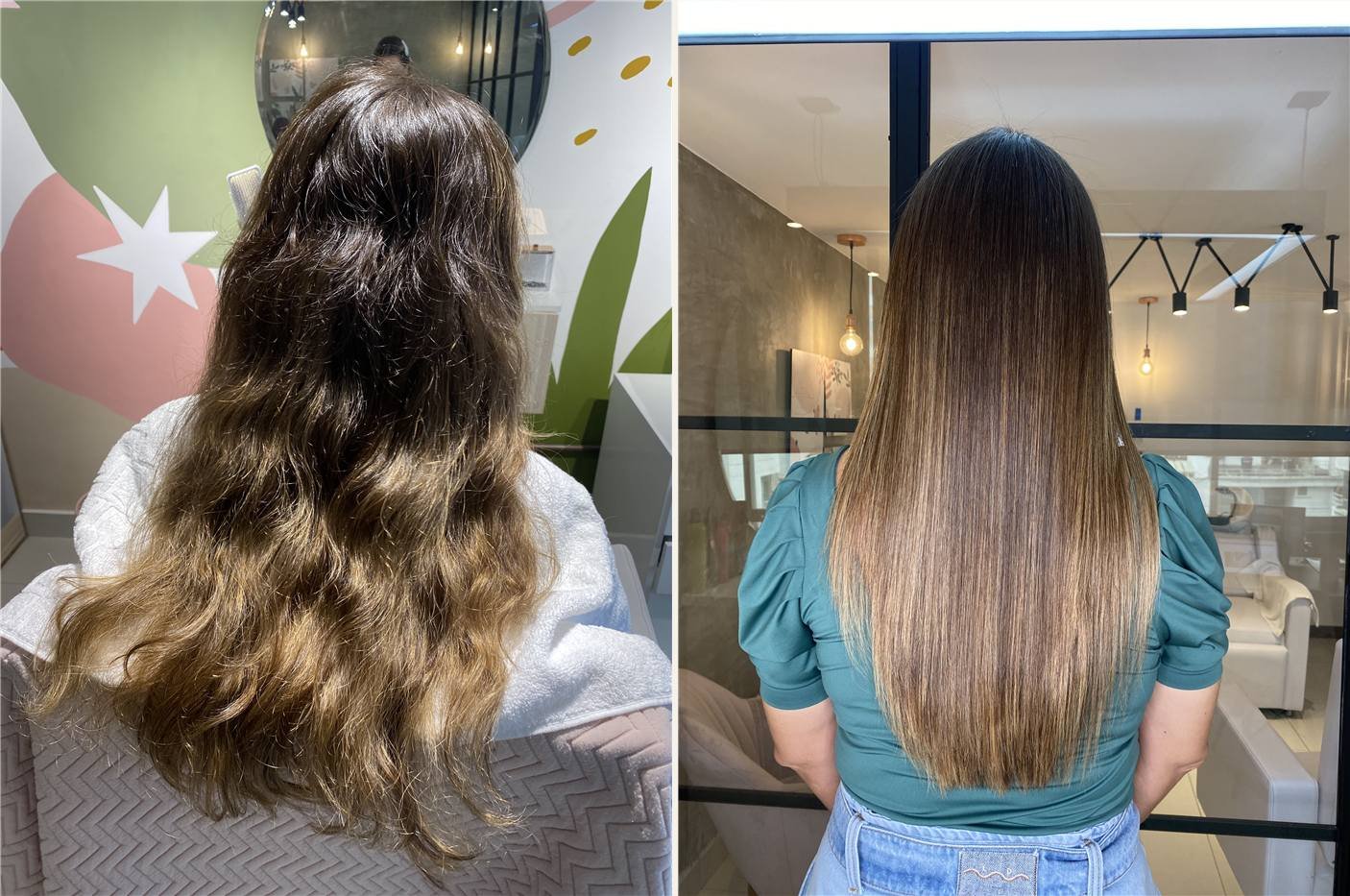 Antes y después: cabello ondulado con mechas que queda liso y con brillo