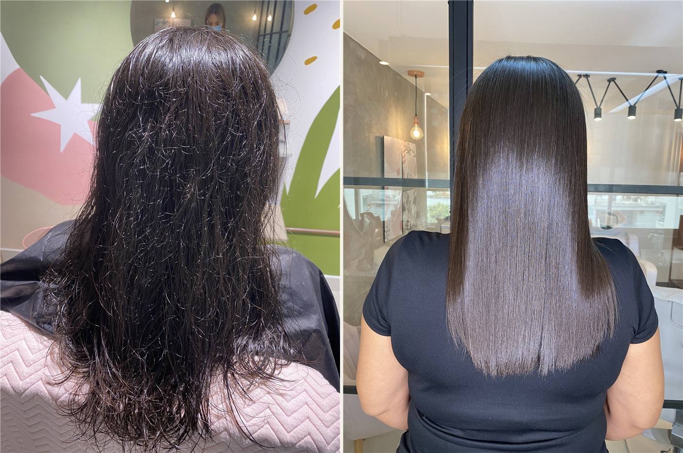Antes y después: cabello oscuro con frizz que queda liso y brillante