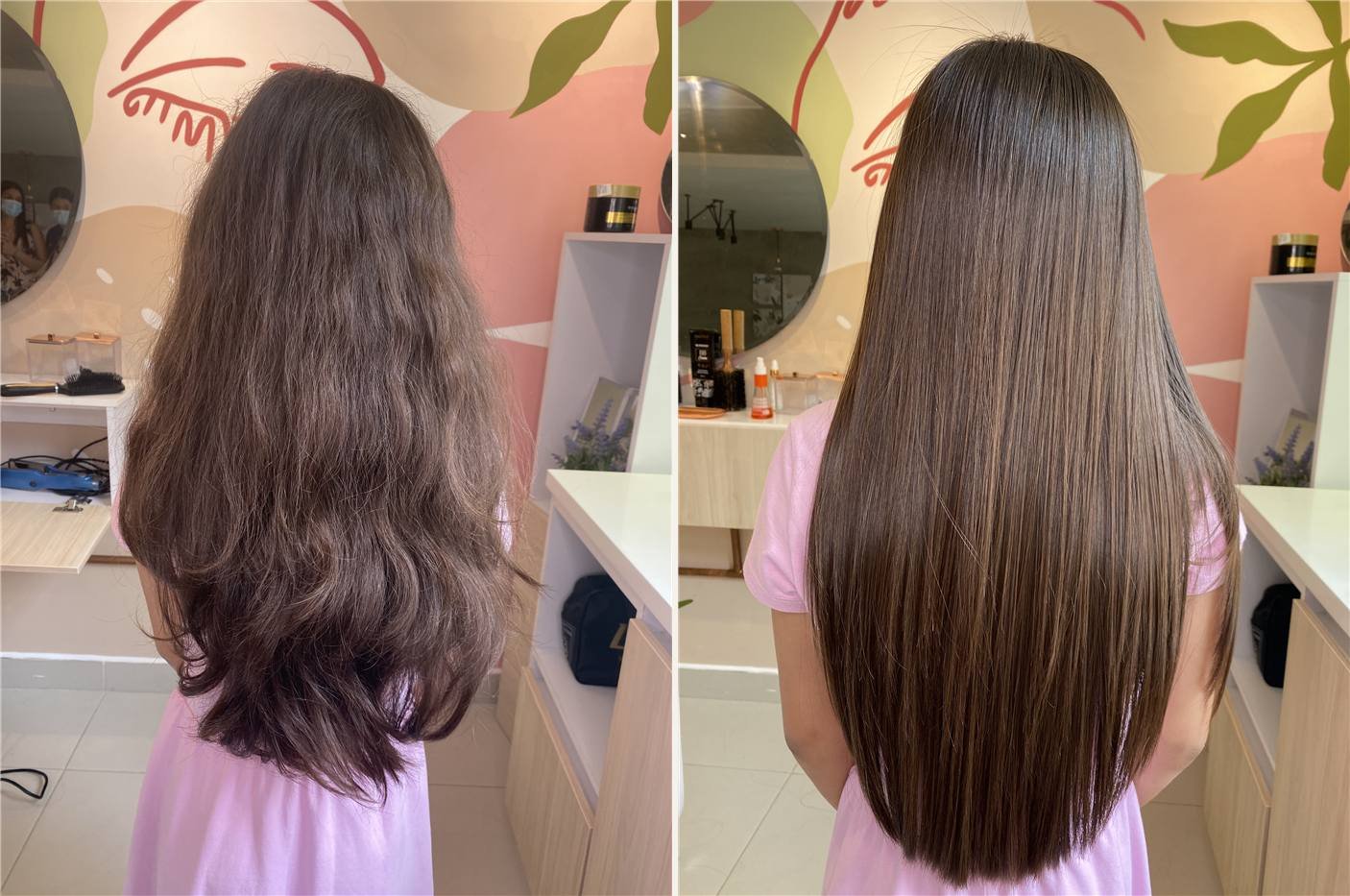 Antes y después: cabello castaño ondulado que queda largo y liso
